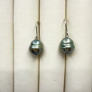 Honora Pearl Earrings Green Ringed 9.6mm Drop Dangle 925 Sterling Silver Hook